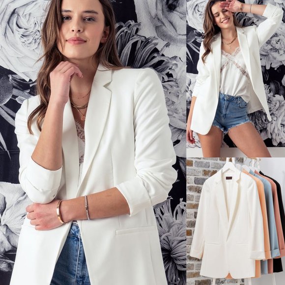 NEW Classic Collar Mid Length Side Pocket Open Front Cardigan Long Blazer Ivory - Picture 2 of 10